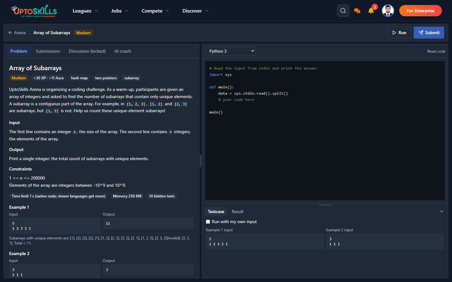 Arena problem page with the statement on the left, a code editor on the right, and Run and Submit buttons