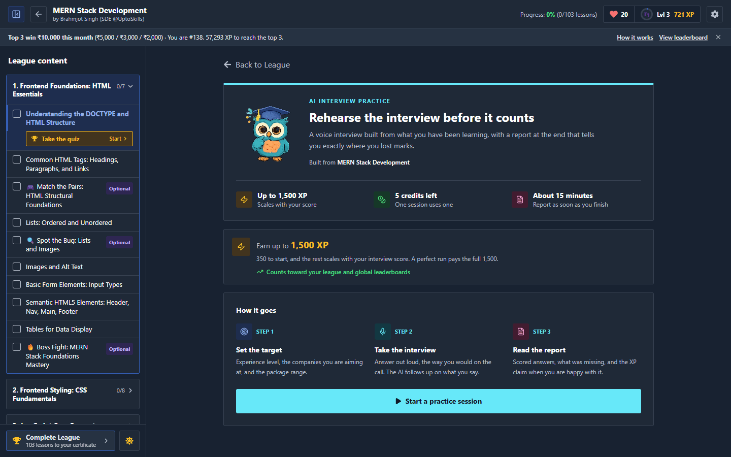 AI Interview Practice screen showing Up to 1,500 XP, built from a League