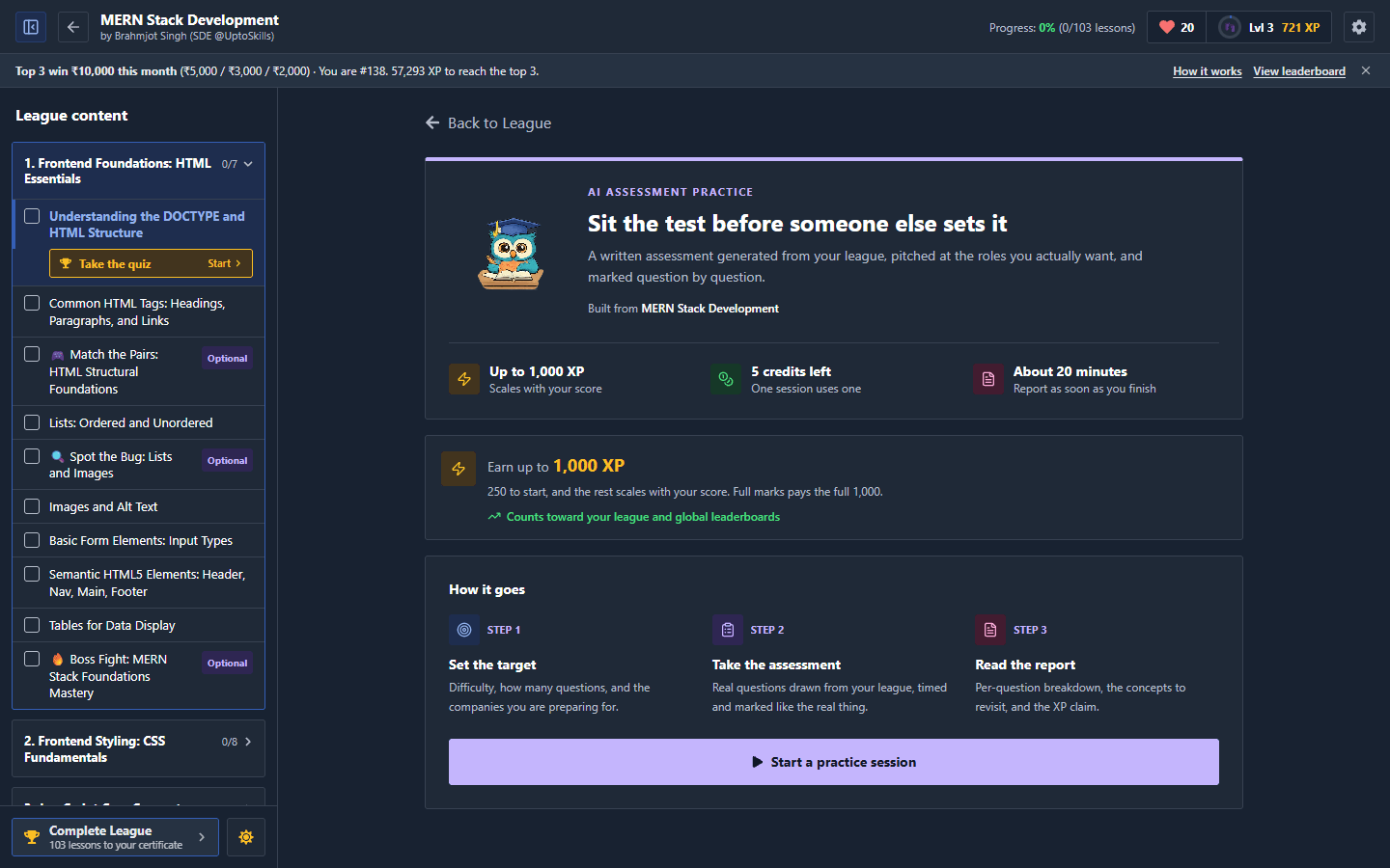 AI Assessment Practice screen inside a League, showing Up to 1,000 XP and the How it goes steps
